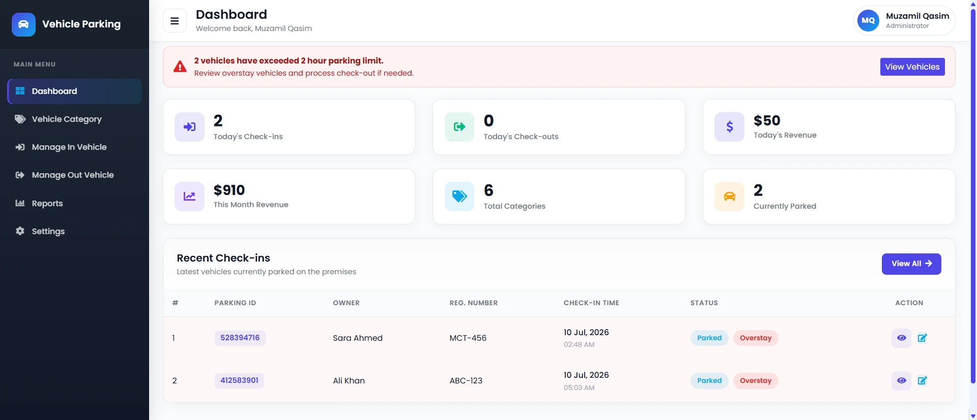 PHP OOP Vehicle Parking Management Platform screenshot 2